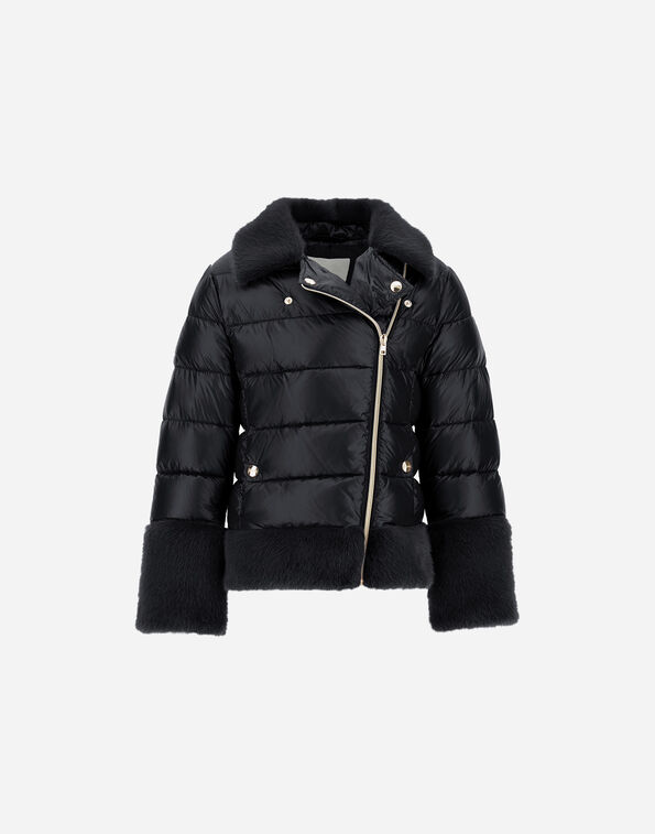 Herno BIKER JACKET IN NYLON ULTRALIGHT AND LADY ALTERNATIVE FUR Black PI000184G12017Z9300