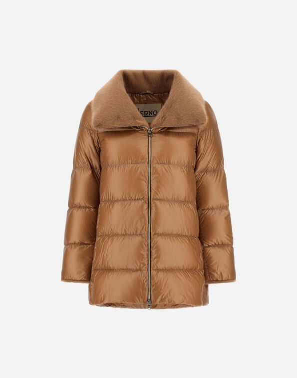 Herno NYLON ULTRALIGHT AND LADY ALTERNATIVE FUR A-SHAPE JACKET Camel PI002140D12017Z2157