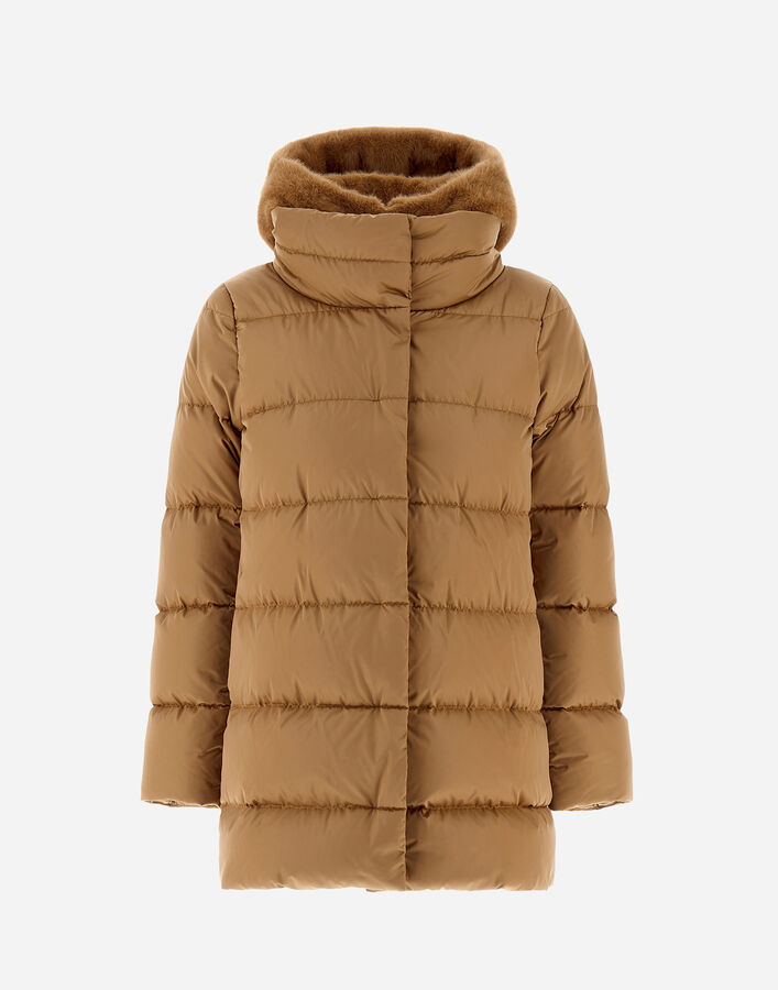 Herno A-SHAPE JACKET IN SATIN AND LADY ALTERNATIVE FUR Camel PI001934D12170Z2157